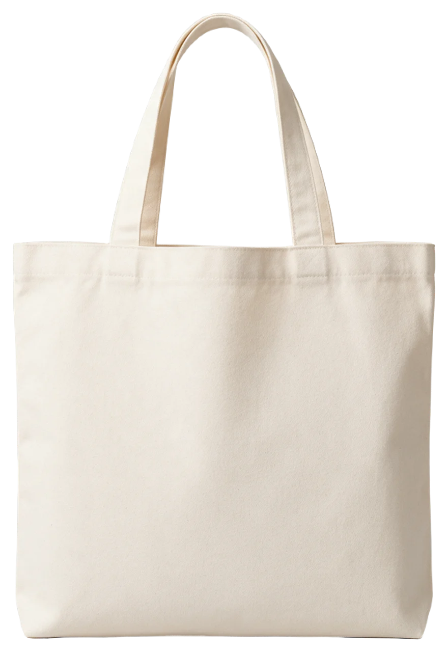 Unprinted cream canvas tote bag standing upright with stitched handles