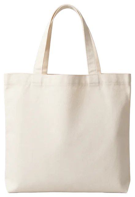 Unprinted cream canvas tote bag standing upright with stitched handles