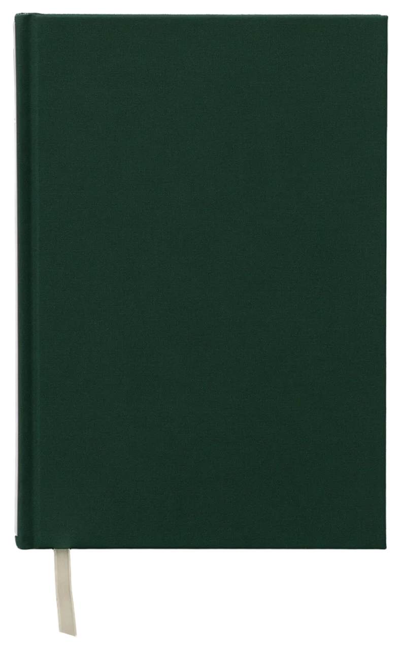 Closed deep green hardcover book with a cream ribbon bookmark attached at the bottom edge