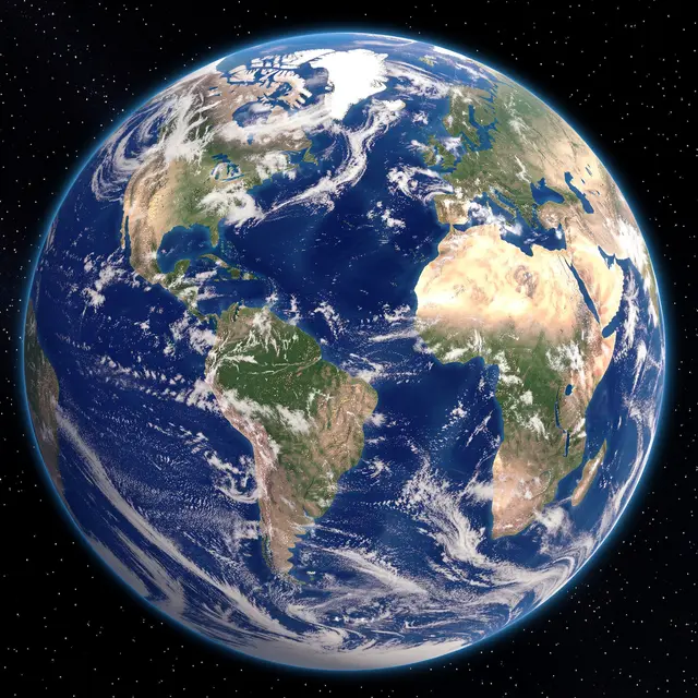 View of planet Earth from outer space showing blue oceans, white swirling clouds and landmasses against a starry black