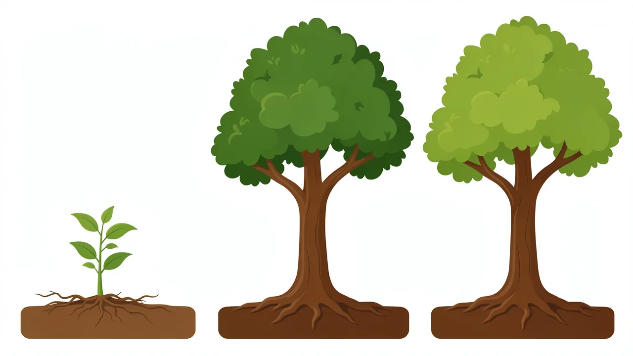 Three sequential stages of plant growth from seedling to mature tree displayed side by side