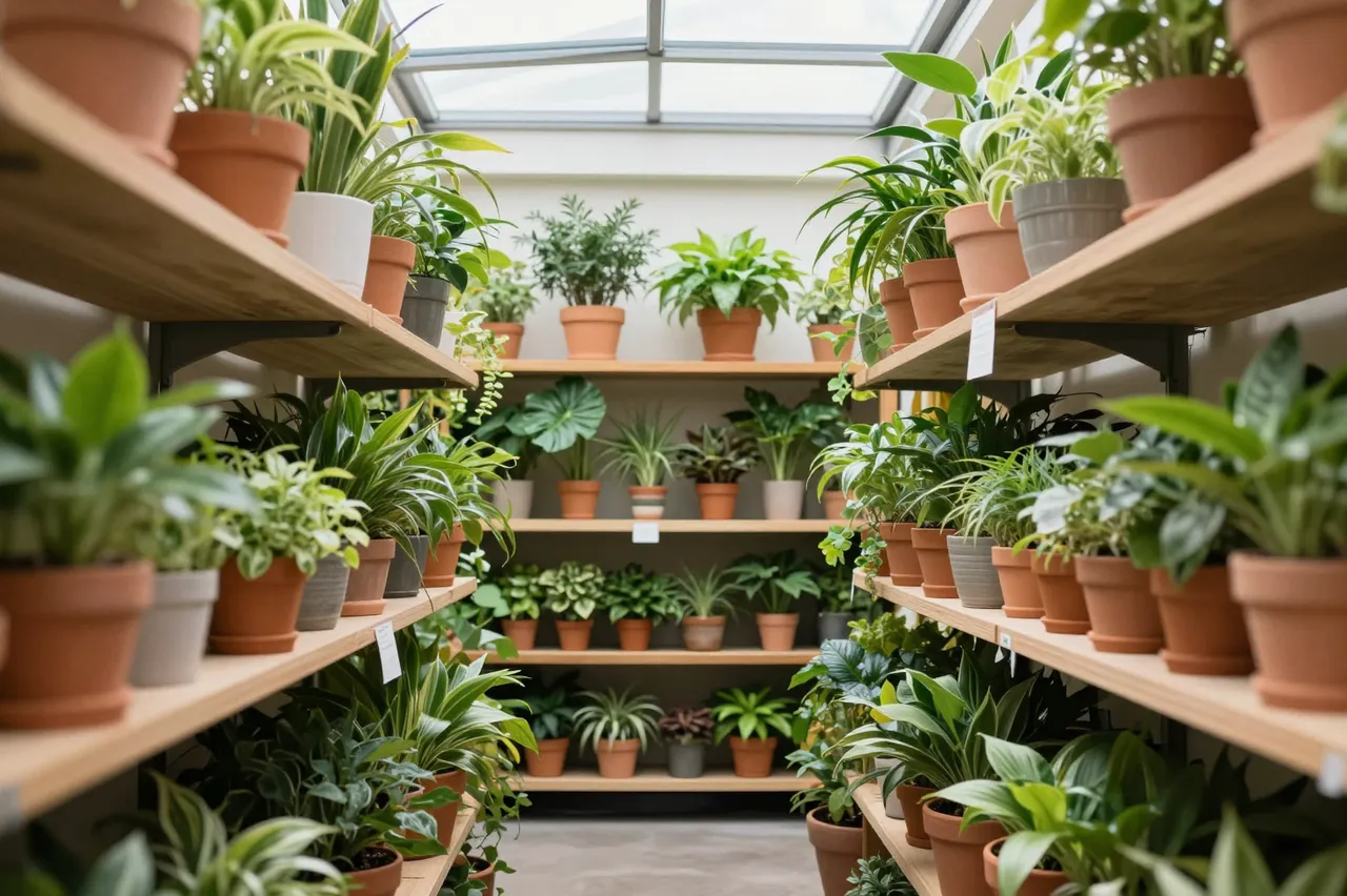 Sunlit plant store interior lined with wooden shelves holding potted houseplants under a ceiling skylight