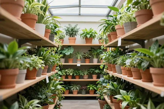Sunlit plant store interior lined with wooden shelves holding potted houseplants under a ceiling skylight