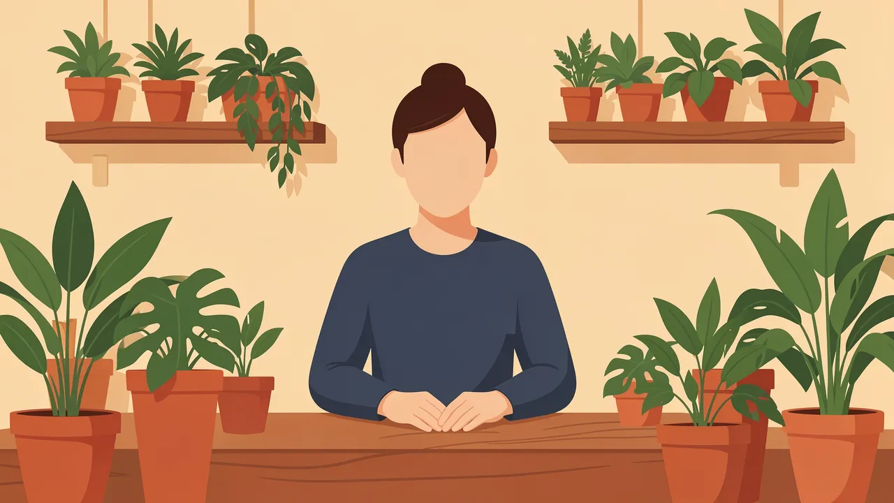 Faceless shop owner stands behind a wooden counter lined with potted houseplants.