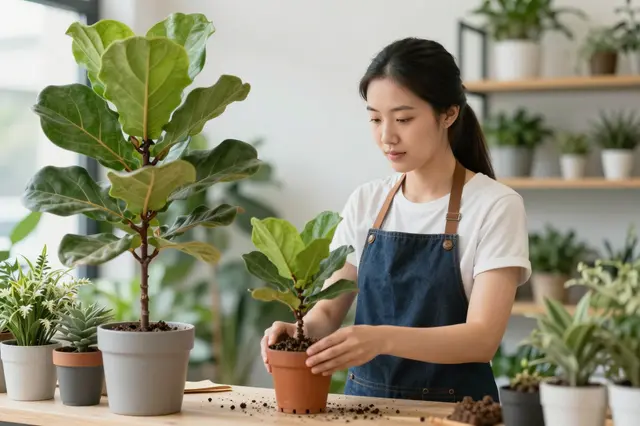 East Asian woman in a denim apron repotting a fiddle-leaf fig at a plant shop counter surrounded by potted plants