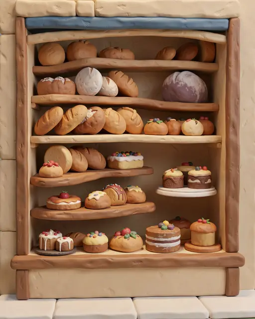 Textured plasticine 3D render of a bakery window shelf stacked with loaves and decorated cakes