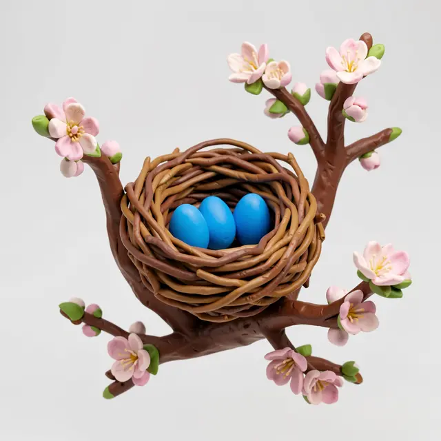 Handmade plasticine bird nest holding three blue eggs sits on a blossoming cherry branch against a pale gray background