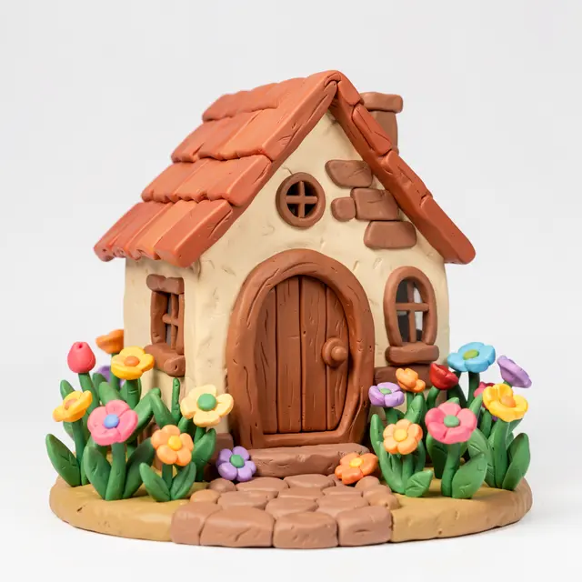 Handmade plasticine cottage with a round door surrounded by colorful clay flowers on a plain light background
