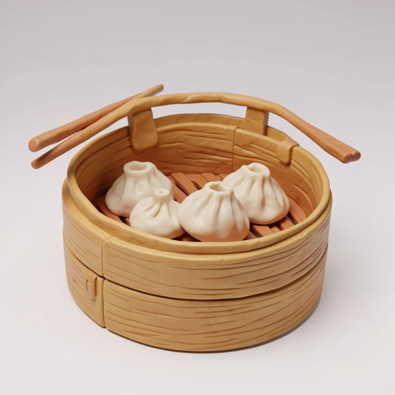 Smooth plasticine 3D render of a bamboo steamer holding dumplings with resting chopsticks under soft studio light