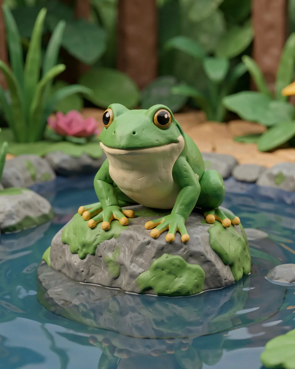 A plump plasticine green frog sits perched on a mossy stone above a small garden pond.