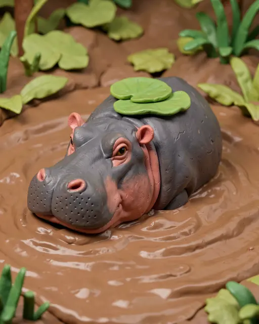 Textured plasticine hippo wallowing in muddy pond with lily pads resting on its back