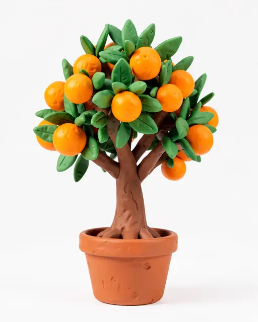 Handmade plasticine orange tree with bright round fruit standing in a terracotta pot against a plain white background