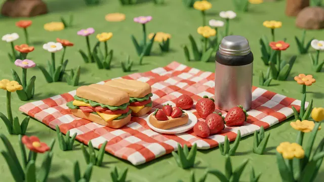 Textured plasticine 3D render of a picnic blanket with food set on a flower-filled meadow