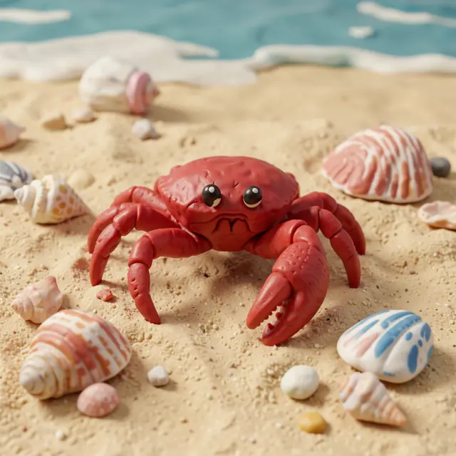 A textured plasticine red crab sits on sandy beach surrounded by handcrafted seashells with gentle ocean waves in the