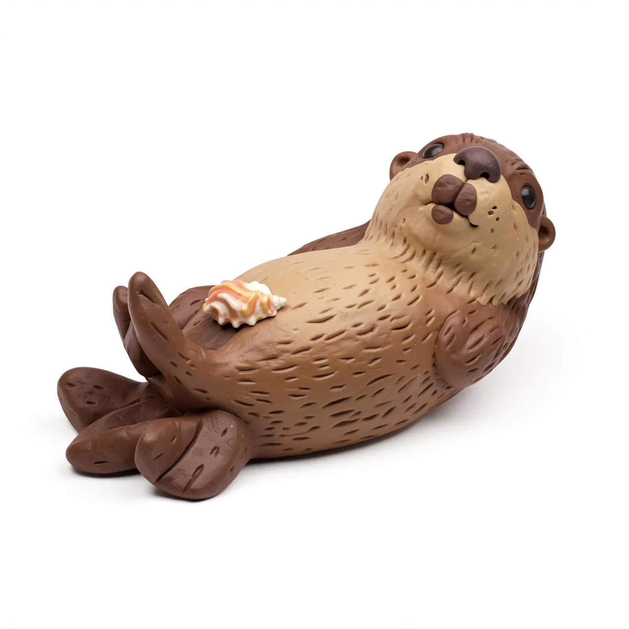 Hand-sculpted plasticine sea otter rests on its back holding a small striped seashell against a plain white background
