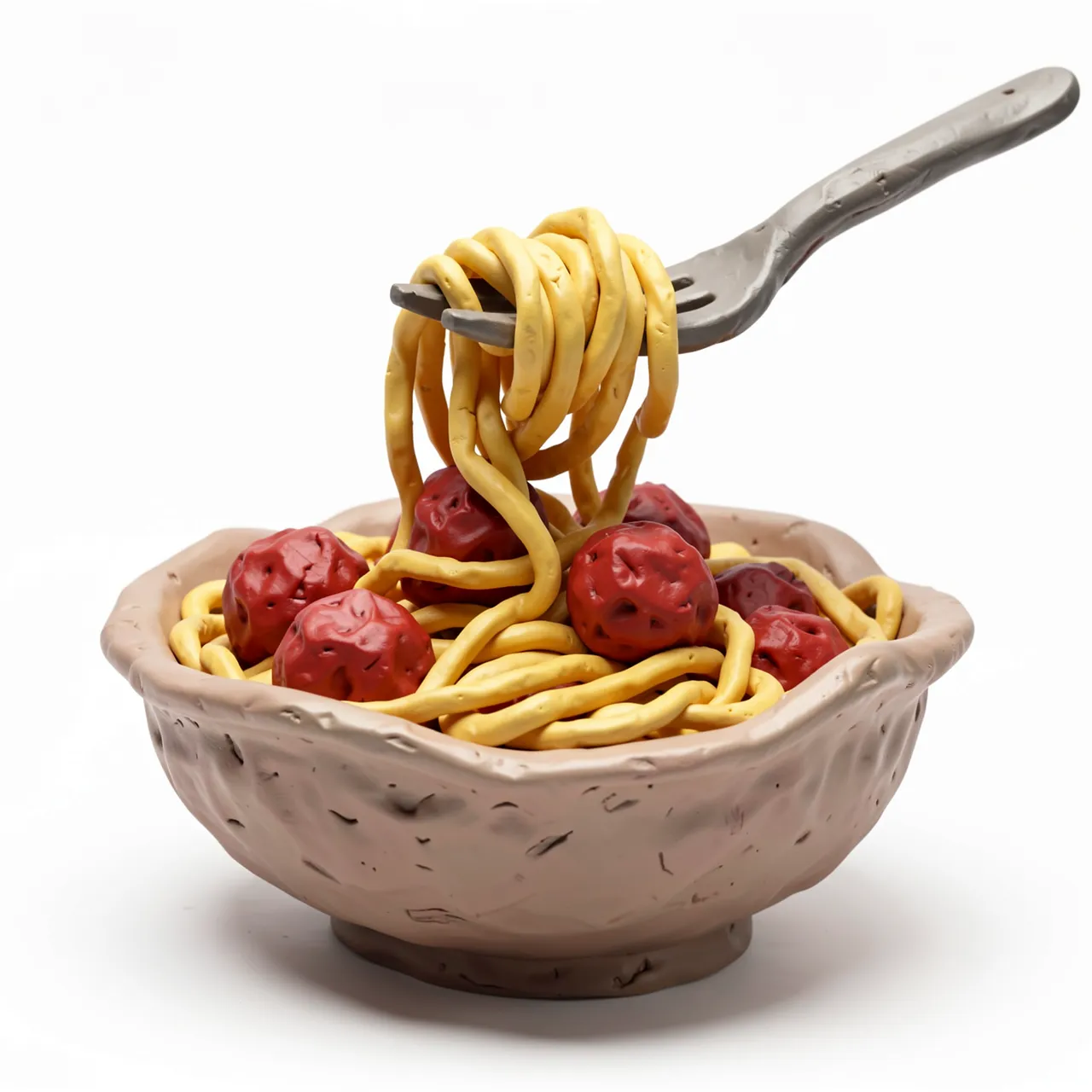 Handmade clay sculpture of a bowl of spaghetti and meatballs with twirled pasta on a plasticine fork
