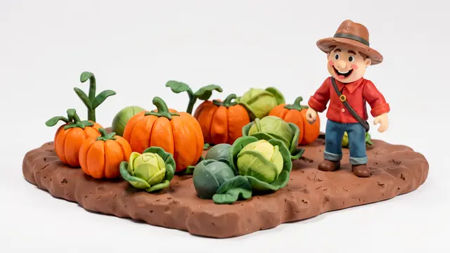 Handmade plasticine diorama of a vegetable patch with pumpkins, cabbages and a smiling farmer figure on a plain white