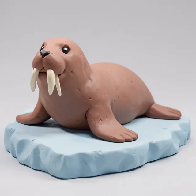 A smooth plasticine walrus figurine lounging on a hand-shaped clay ice floe against a plain gray background