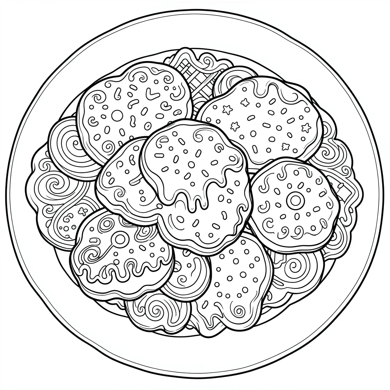 Black and white line art of a round plate piled with decorated iced Christmas cookies on a plain white background
