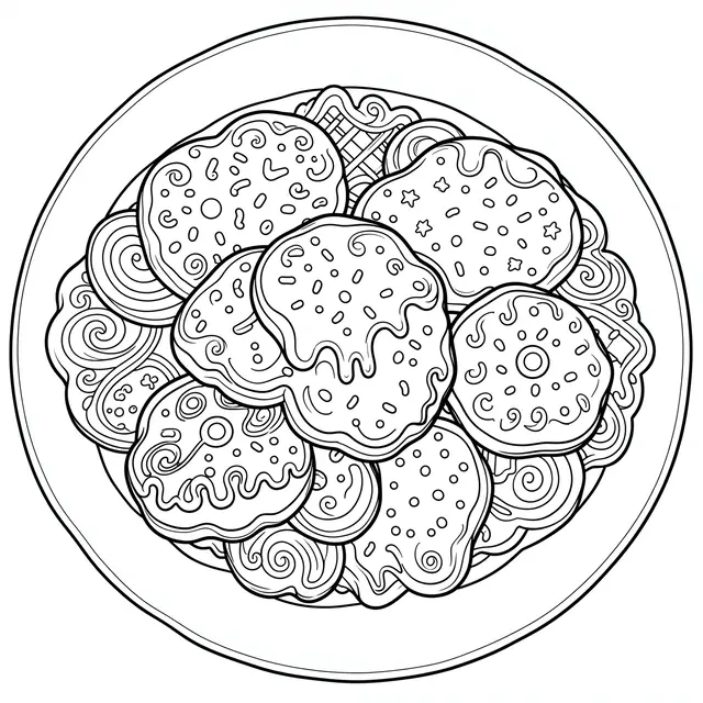 Black and white line art of a round plate piled with decorated iced Christmas cookies on a plain white background