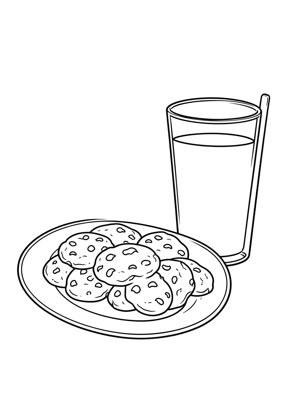 Black and white line art of a plate of chocolate chip cookies next to a tall glass of milk on a plain white background