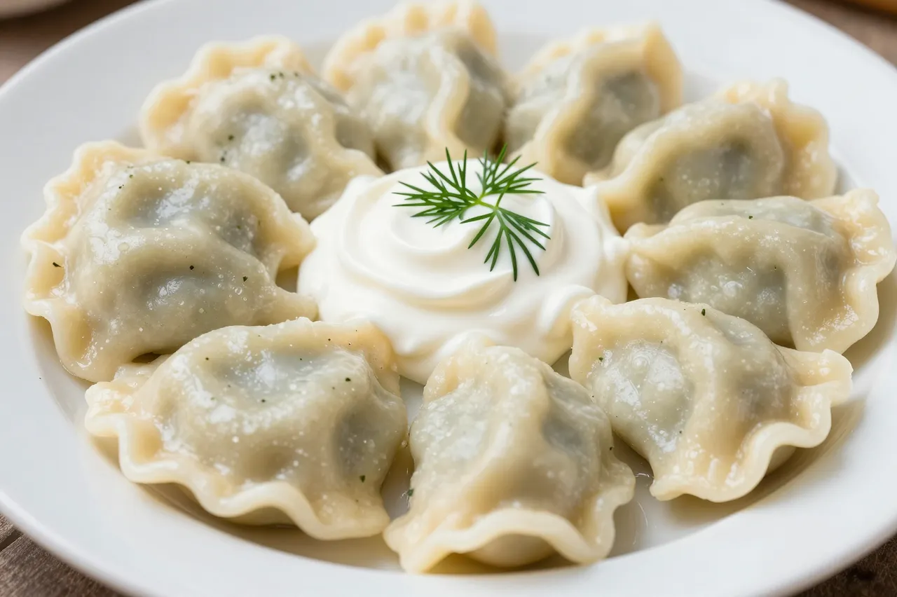 Served pierogi dumplings arranged around a dollop of sour cream topped with fresh dill on a white plate