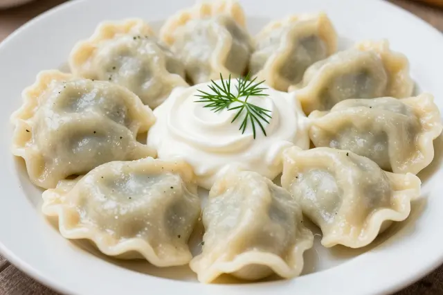 Served pierogi dumplings arranged around a dollop of sour cream topped with fresh dill on a white plate