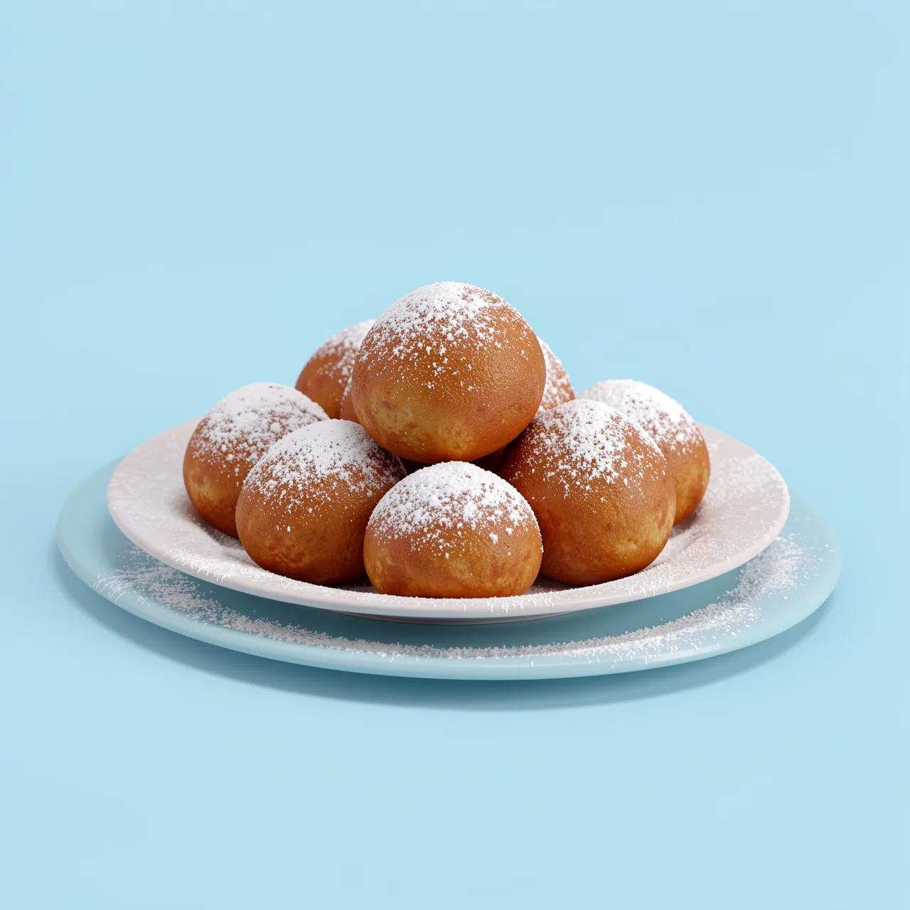Stack of powdered sugar dusted sufganiyot on stacked plates against a pale blue background