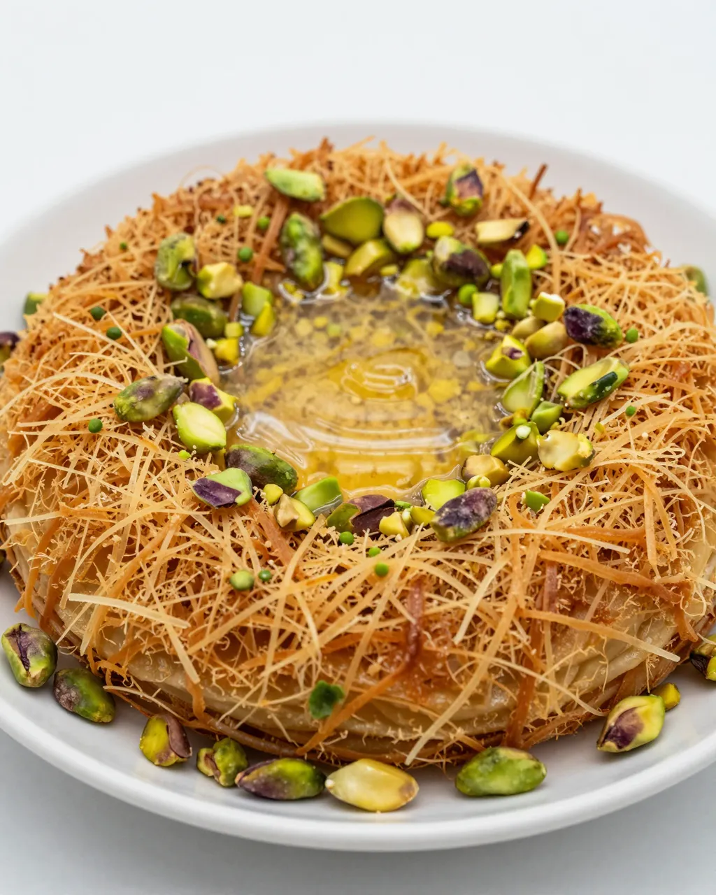 A close-up of golden crispy kunafa topped with chopped pistachios and glistening syrup on a white plate.