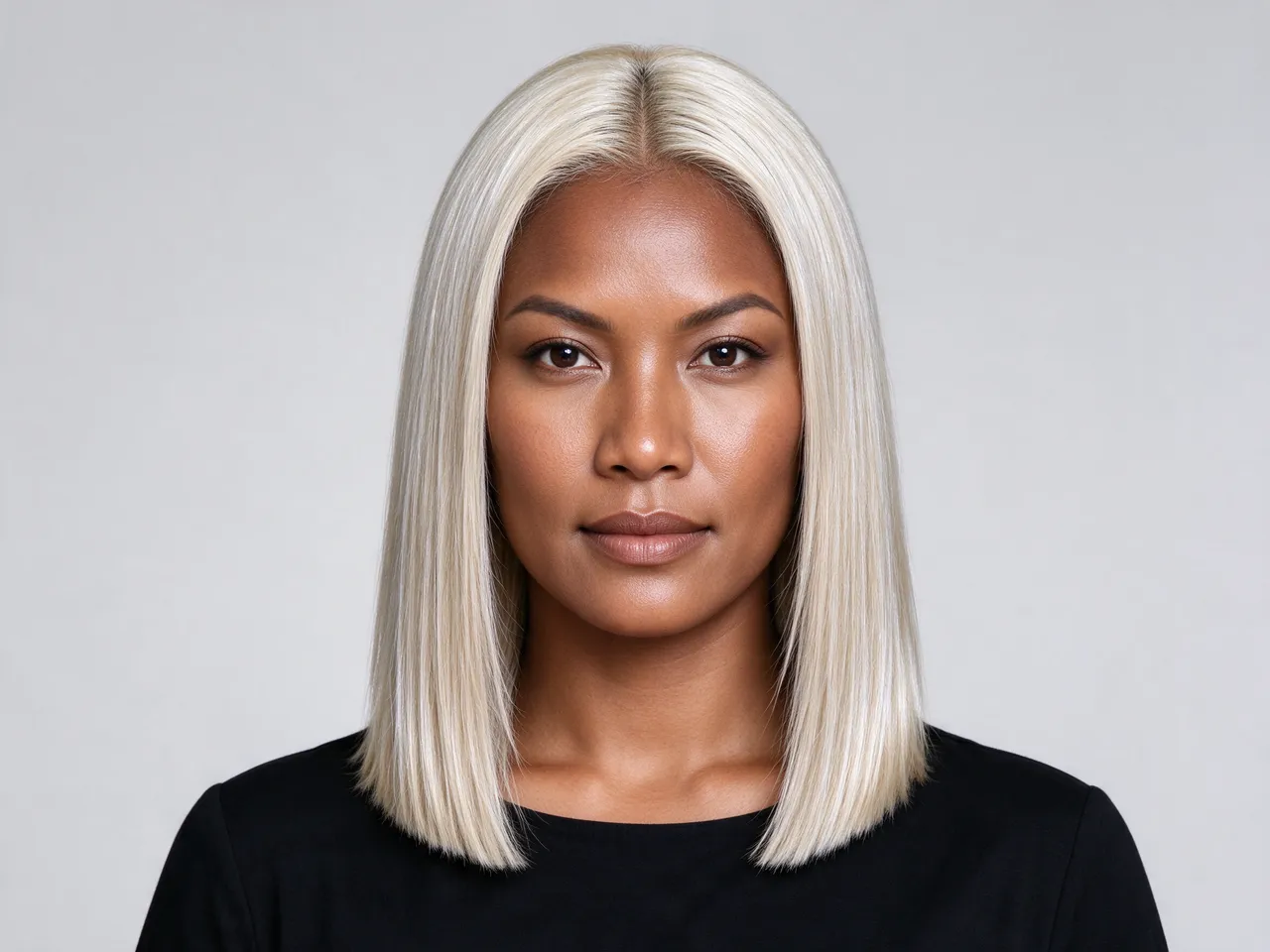 Studio headshot of a Pacific Islander woman in her thirties with a blunt platinum blonde collarbone cut and black top