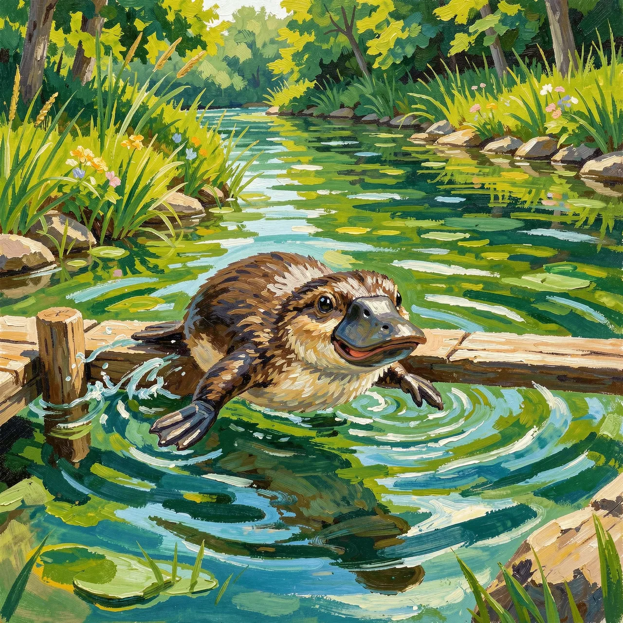 Gouache painting of a platypus mid-dive from a wooden jetty into a sunlit green creek