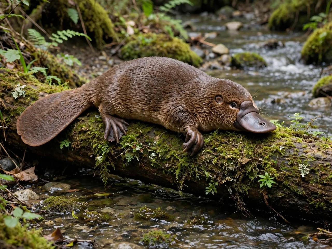 A platypus rests on a mossy fallen log spanning a small forest stream