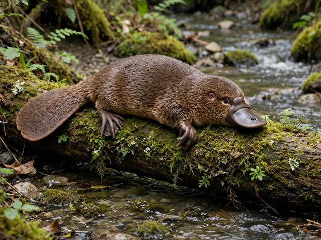 A platypus rests on a mossy fallen log spanning a small forest stream