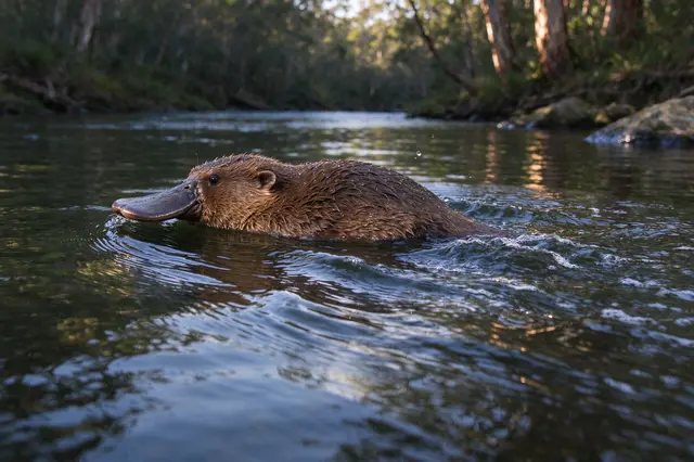 A platypus with wet brown fur swims at the surface of a calm forest creek at dawn, leaving soft ripples behind.