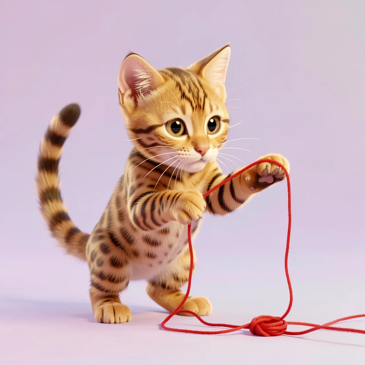 Cute 3D Bengal kitten with spotted golden fur plays batting at a strand of red yarn against a soft pastel background