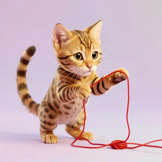 Cute 3D Bengal kitten with spotted golden fur plays batting at a strand of red yarn against a soft pastel background
