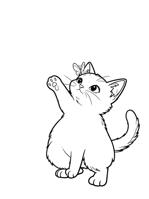 Black and white line art of a playful kitten reaching up with a butterfly near its head on a white background