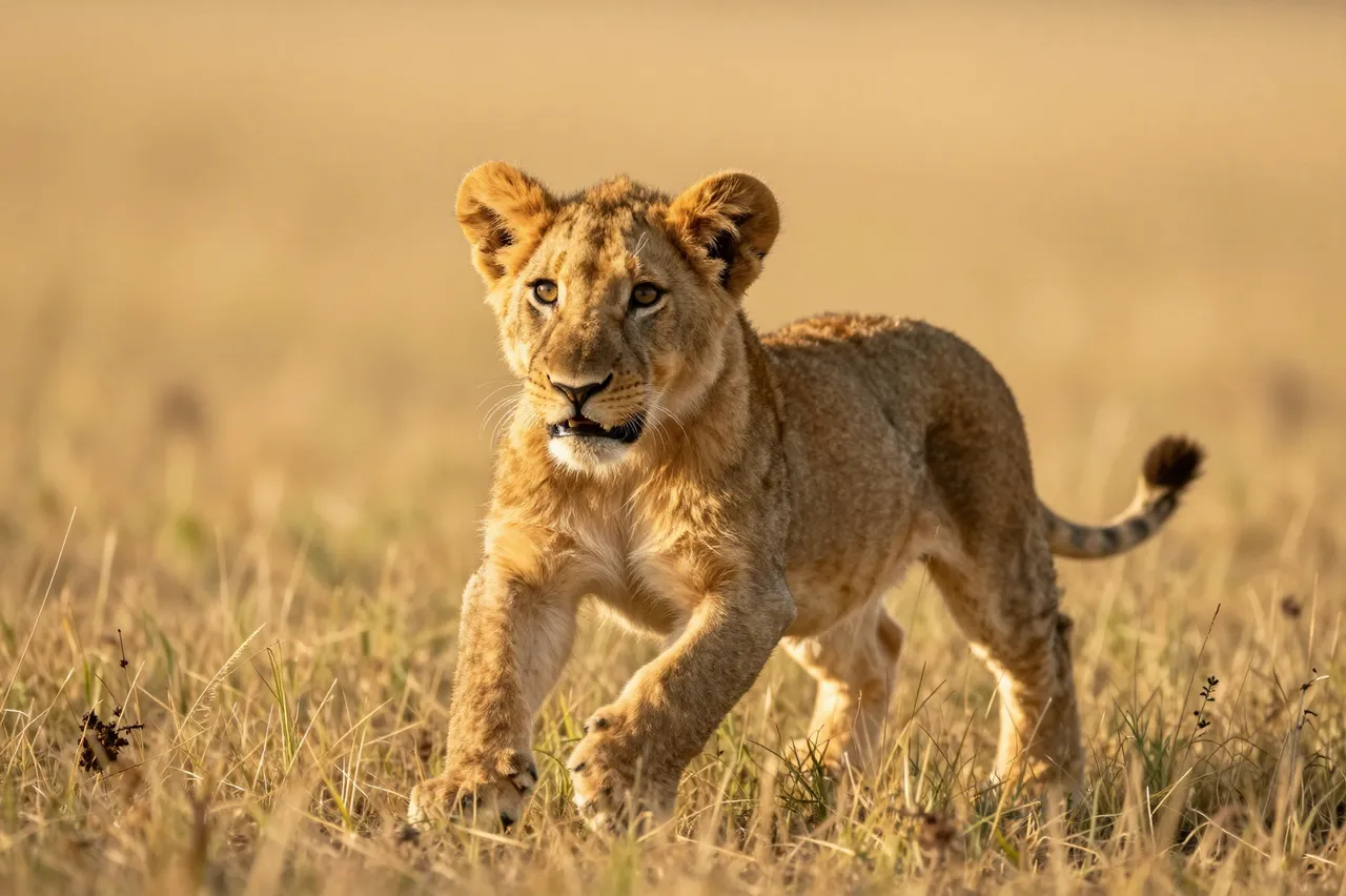 A young lion cub moves playfully through short golden savanna grass in warm evening light