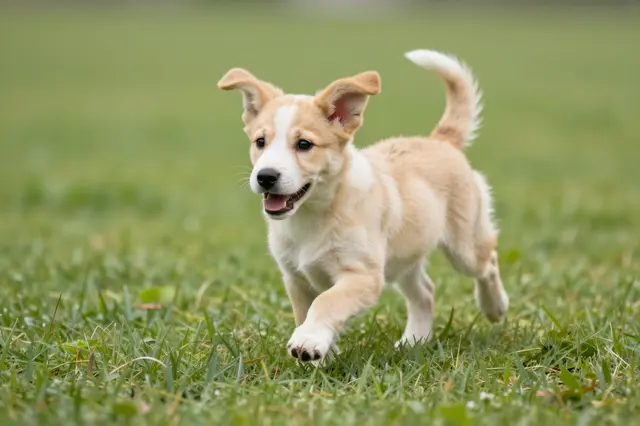 A fluffy light tan and white puppy runs toward the camera across a lush green grass lawn with its ears lifted.