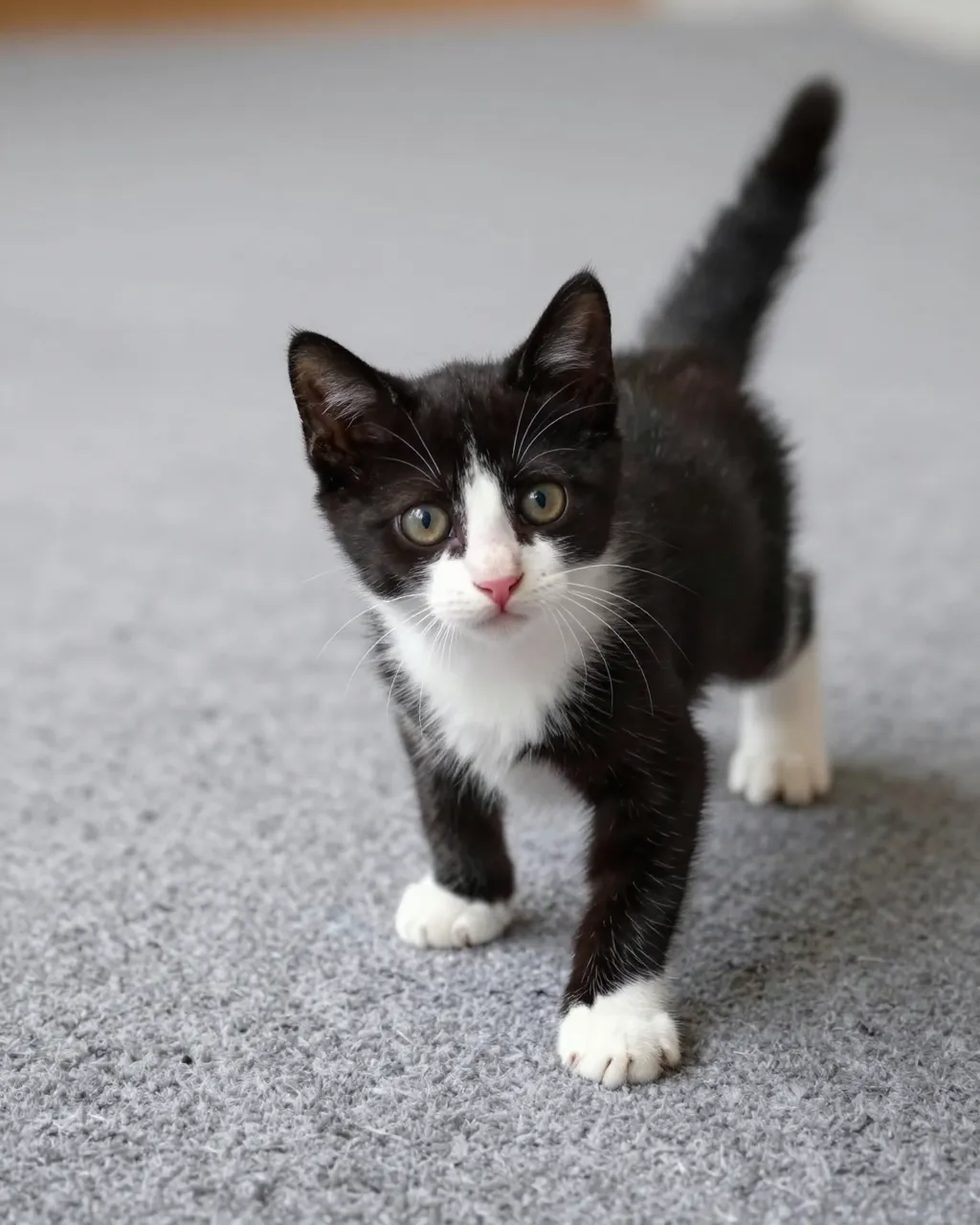 A black and white tuxedo kitten stands on a soft gray carpet looking toward the camera