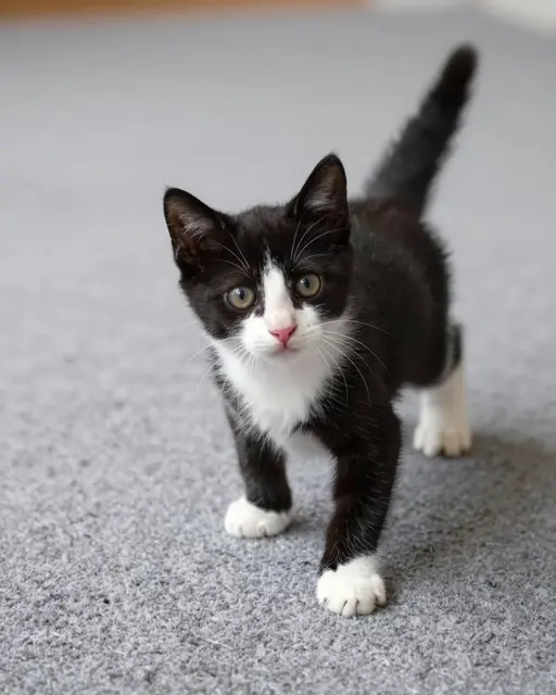 A black and white tuxedo kitten stands on a soft gray carpet looking toward the camera
