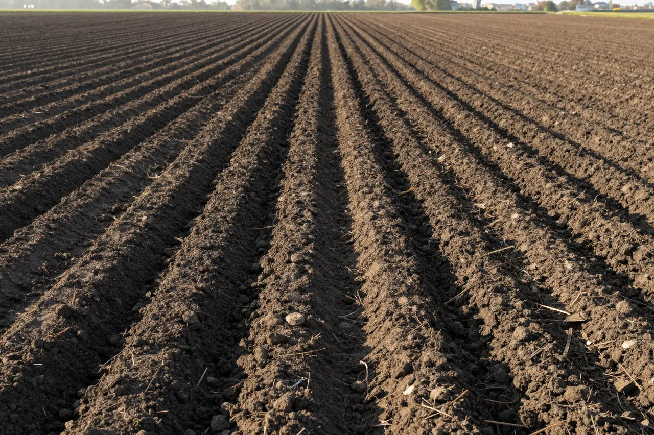 Straight parallel dark furrows stretch across a freshly plowed field under soft early morning sunlight