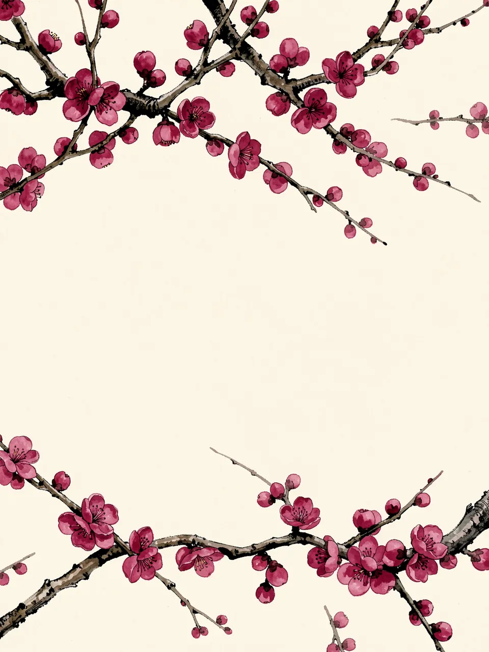 Deep pink plum blossom branches frame the top and bottom of a blank cream paper background in ink and watercolor style