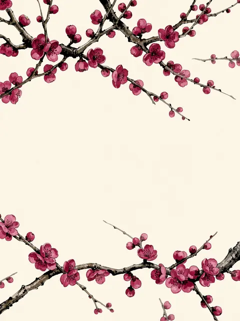 Deep pink plum blossom branches frame the top and bottom of a blank cream paper background in ink and watercolor style
