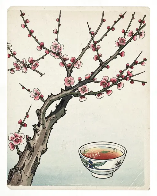Japanese woodblock print of a flowering plum branch next to a decorated ceramic tea bowl