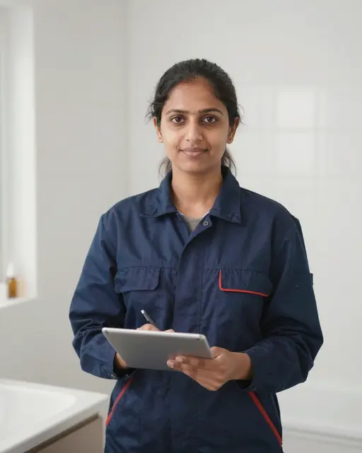 South Asian woman in navy work coveralls holds a tablet and pen in a bright tiled bathroom