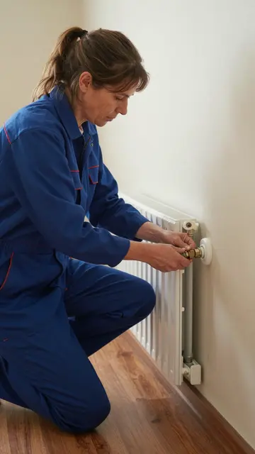 A woman in a blue work uniform kneels to fit a valve on a wall-mounted radiator in a sunlit hallway.