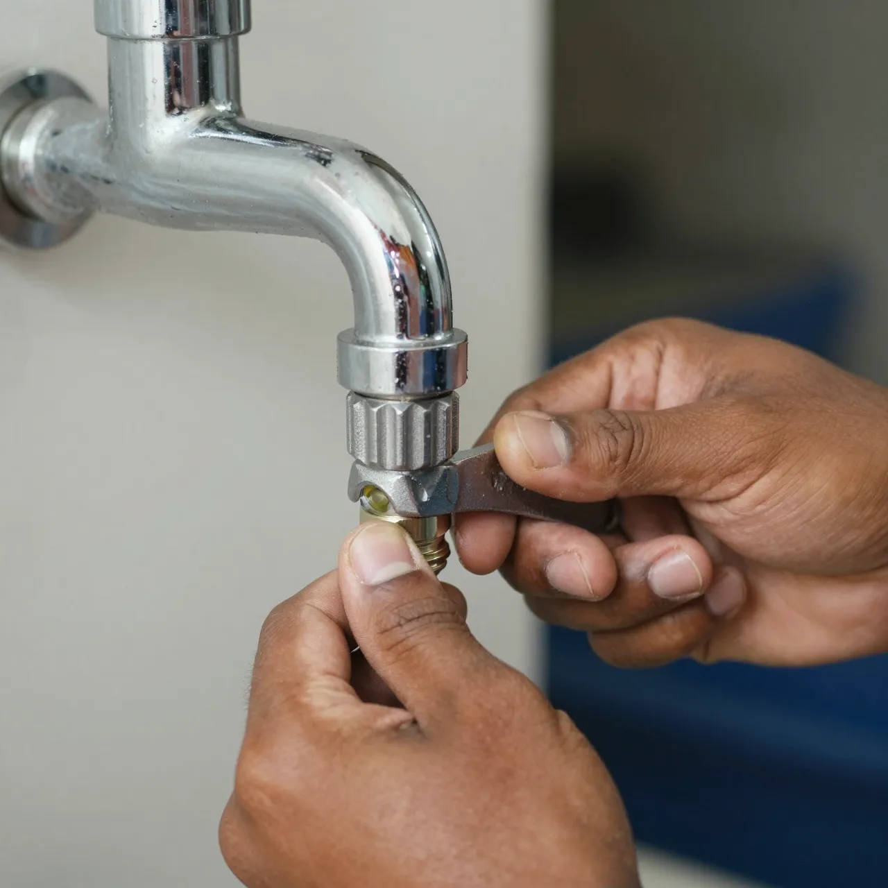 Close-up of a Pacific Islander plumber's hands using a wrench to tighten a chrome faucet fitting.