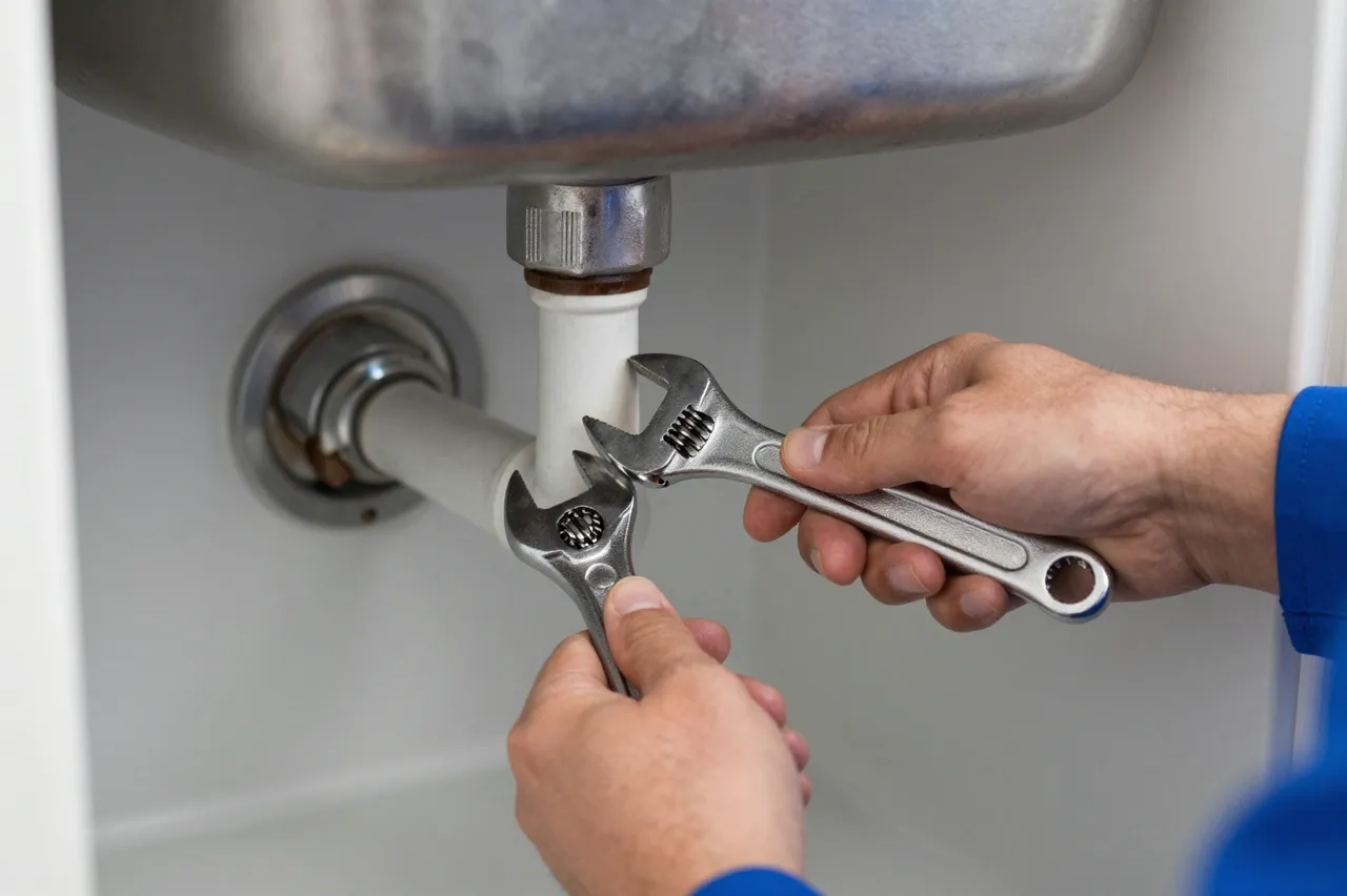 Plumber's hands use two adjustable wrenches to tighten plumbing under a stainless steel kitchen sink
