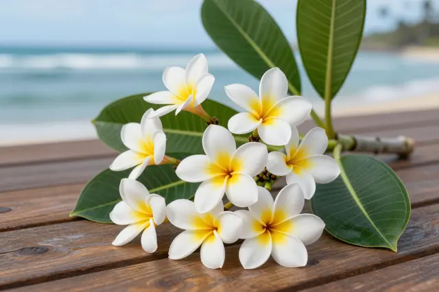 White and yellow plumeria flowers rest on a wooden table overlooking a tropical ocean beach.